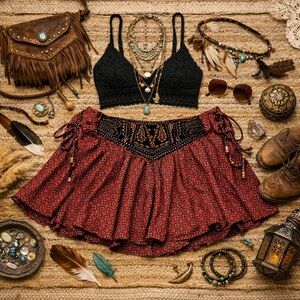 Angie Boho Festival Mini Skirt Red Black Tribal Print Juniors L Boho Flirty